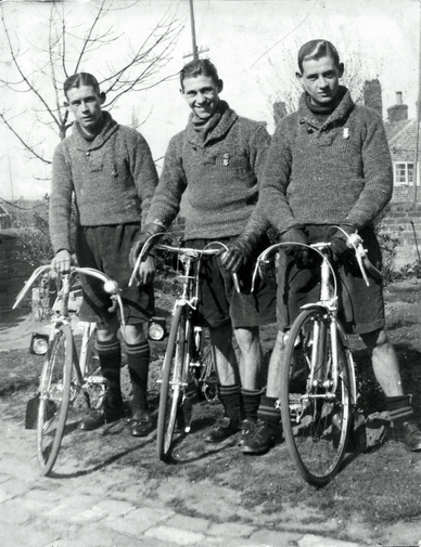 Charles with his brothers Allan and Gordon cycling in winter. That they were all keen cyclists can be seen from the fact that they have toe clips fitted to the pedals. Charles Taylor