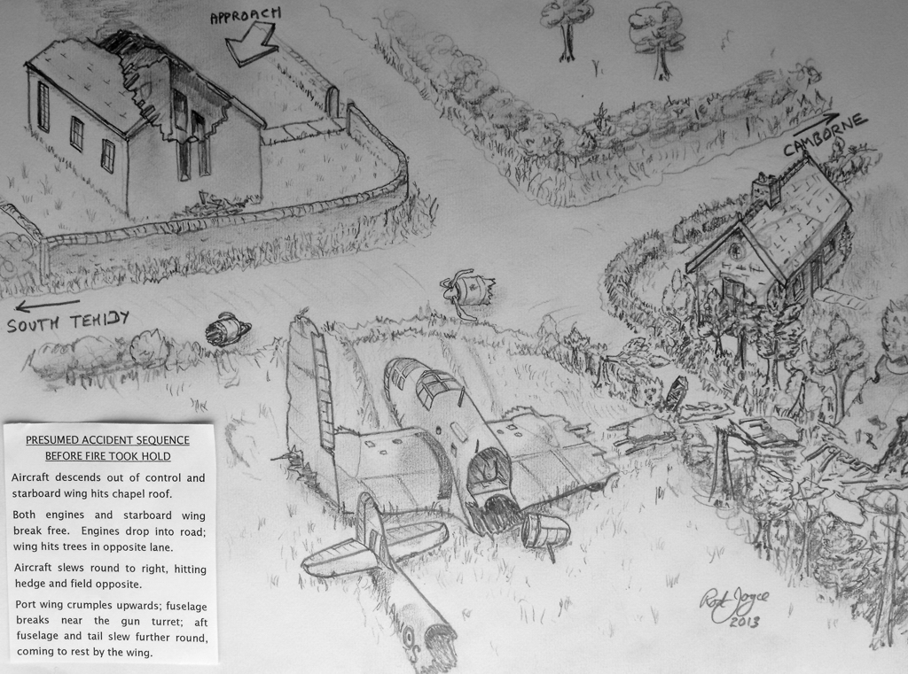 Artist's sketch of the crash scene. Image copyright Roderick Joyce 2013.